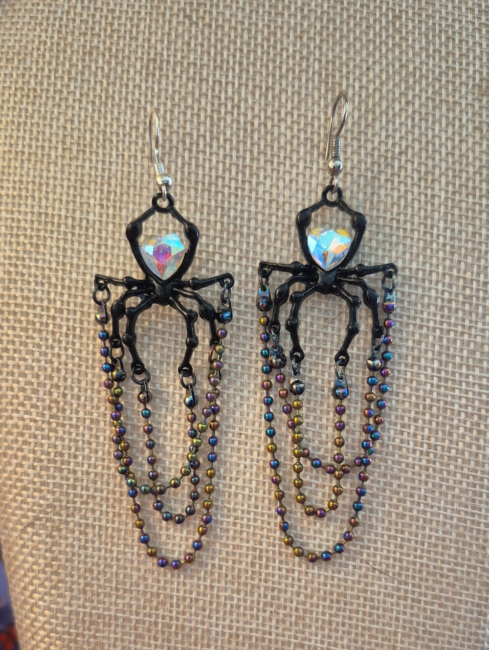 Spider Dangle Aurora Borealis Heart Black Spider Drop Earrings
